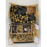 TWO BOXES CONTAINING COLLECTION OF ANTIQUE BRASS DOOR FURNITURE, OLD LOCKS, FURNITURE FITTINGS ETC.