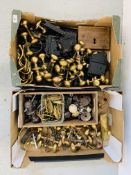 TWO BOXES CONTAINING COLLECTION OF ANTIQUE BRASS DOOR FURNITURE, OLD LOCKS, FURNITURE FITTINGS ETC.