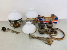 FOUR OLD BRASSED HANGING OIL LANTERNS, ASSORTED LAMP HANGING COMPONENTS, 3 X OPAQUE GLASS SHADES,