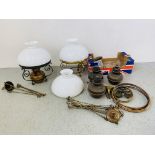 FOUR OLD BRASSED HANGING OIL LANTERNS, ASSORTED LAMP HANGING COMPONENTS, 3 X OPAQUE GLASS SHADES,