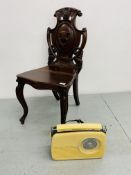 PERIOD MAHOGANY SHIELD BACK CHAIR ALONG WITH A "BUSH" RETRO STYLE RADIO - SOLD AS SEEN