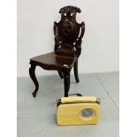 PERIOD MAHOGANY SHIELD BACK CHAIR ALONG WITH A "BUSH" RETRO STYLE RADIO - SOLD AS SEEN