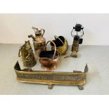 A GROUP OF BRASS AND COPPER ITEMS TO INCLUDE TWO COAL HELMETS, BRASSED COAL SCHUTE, FUNNEL,