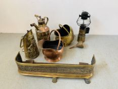 A GROUP OF BRASS AND COPPER ITEMS TO INCLUDE TWO COAL HELMETS, BRASSED COAL SCHUTE, FUNNEL,