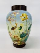 AN OPAQUE GLASS VASE WITH HAND PAINTED UNDERWATER SCENE DEPICTING FISH - HEIGHT 31CM AND A WEST