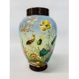 AN OPAQUE GLASS VASE WITH HAND PAINTED UNDERWATER SCENE DEPICTING FISH - HEIGHT 31CM AND A WEST