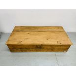 VINTAGE WAXED PINE STORAGE BOX WITH HINGED LID AND 4 SMALL WHEELS