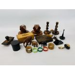 2 X BOXES OF VINTAGE COLLECTIBLES TO INCLUDE EBONY DRESSING TABLE ITEMS, SERVIETTE RINGS,