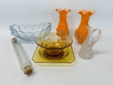 PAIR OF ORANGE GLASS VASES WITH FLUTED TOPS (A/F ONE), VINTAGE CUT GLASS JUG,