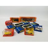 TWO HORNBY MODEL BOXES AND A RAILFREIGHT AND DURACELL CARRIAGE TOGETHER WITH FOUR VINTAGE TCR CARS