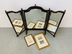 VINTAGE MAHOGANY DRESSING MIRROR WITH TWO FOLDING WINGS ALONG WITH A THEATRE ROYAL PRINT,