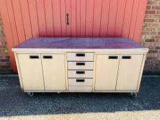 A MOFFATT STAINLESS STEEL WHEELED CABINET WITH FOUR DRAWERS AND FOUR CABINET DOORS L 180CM, D 70CM,