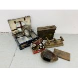 BASKET OF MIXED COLLECTIBLES TO INCLUDE AMMUNITION CASE, VINTAGE HARLEQUIN PICNIC CASE AND CONTENTS,