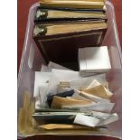 PLASTIC TUB WITH ALL WORLD STAMP COLLECTION IN FOUR PHOTO ALBUMS, ON LEAVES AND IN ENVELOPES.