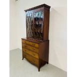A MAHOGANY FOUR DRAWER CHEST WITH ASTRAGAL GLAZED BOOKCASE TO TOP - W 100CM. D 54CM. H 205CM.
