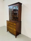 A MAHOGANY FOUR DRAWER CHEST WITH ASTRAGAL GLAZED BOOKCASE TO TOP - W 100CM. D 54CM. H 205CM.