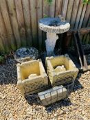 2 X CONCRETE BIRD BATHS ALONG WITH A PAIR OF SQUARE CONCRETE PLANTERS,