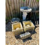 2 X CONCRETE BIRD BATHS ALONG WITH A PAIR OF SQUARE CONCRETE PLANTERS,