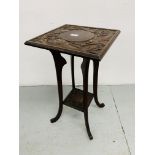 ART NOUVEAU STYLE OCCASIONAL TABLE ON 4 OUT SWEPT LEGS, CARVED DOLPHINS TO UPPER AND LOWER TIER.