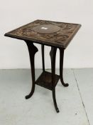 ART NOUVEAU STYLE OCCASIONAL TABLE ON 4 OUT SWEPT LEGS, CARVED DOLPHINS TO UPPER AND LOWER TIER.