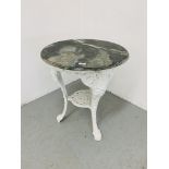 AN ORNATE CAST IRON PUB TABLE WITH CIRCULAR GRANITE TOP