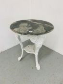 AN ORNATE CAST IRON PUB TABLE WITH CIRCULAR GRANITE TOP