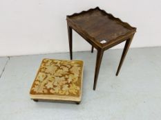 A SMALL CUSHIONED FOOT STOOL WITH EMBROIDERED TOP ALONG WITH A SMALL MAHOGANY OCCASIONAL TABLE