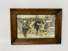 FRAMED PENCIL AND WATERCOLOUR DEPICTING POLICE RIOT SCENE BEARING SIGNATURE W. SMALL 93.