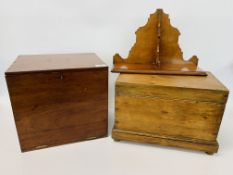 EDWARDIAN WALL SHELF, VINTAGE PINE WORK BOX WITH CUP HANDLES - H 26.