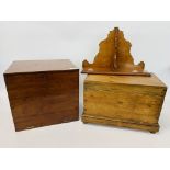 EDWARDIAN WALL SHELF, VINTAGE PINE WORK BOX WITH CUP HANDLES - H 26.