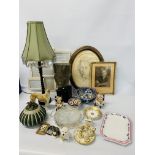 A MODERN TABLE LAMP, A PLASTER BUST, GLASS ENTREE DISH, A BRINDLE GREYHOUND ORNAMENT,