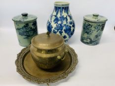 PAIR OF ORIENTAL LIDDED JARS DECORATED WITH A BLUE GLAZE - H 26CM ALONG WITH A LARGE ORIENTAL OVOID