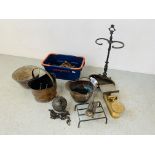 AN ANTIQUE CAST IRON UMBRELLA STAND, TWO CAST IRON FLAT IRONS, BALL AND CHAIN,