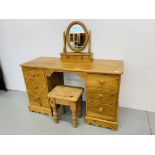 WAXED PINE SIX DRAWER DRESSING TABLE ALONG WITH A DRESSING MIRROR AND STOOL