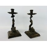 PAIR OF C19 BRONZE DOLPHIN CANDLESTICKS - H 28CM.