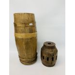 VINTAGE STICK STAND IN THE FORM OF A BARREL ALONG WITH A WOODEN CARTWHEEL HUB CONVERTED INTO A