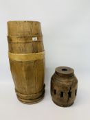 VINTAGE STICK STAND IN THE FORM OF A BARREL ALONG WITH A WOODEN CARTWHEEL HUB CONVERTED INTO A