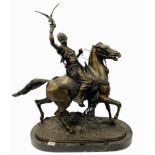 A LARGE IMPRESSIVE BRONZE OF A FALCONER ON HORSEBACK BEARING SIGNATURE F.