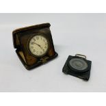 VINTAGE 8 DAY SWISS TRAVEL CLOCK IN BROWN LEATHER CASE ALONG WITH A COMPASS MAGNETIC MARCHING MARK