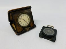 VINTAGE 8 DAY SWISS TRAVEL CLOCK IN BROWN LEATHER CASE ALONG WITH A COMPASS MAGNETIC MARCHING MARK