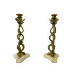 PAIR OF VINTAGE BRASS SERPENT CANDLESTICKS ON ALABASTER BASES - H 40CM.