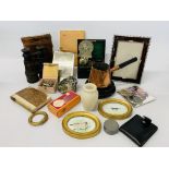 BOX OF COLLECTABLES TO INCLUDE VINTAGE CAR BADGE, BINOCULARS MARKED J.H.
