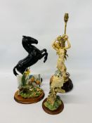 "FLORENCE" TABLE LAMP, LADY AND BASKET OF FLOWERS, LARGE VILLEROY & BOCH BLACK GLAZED HORSE,