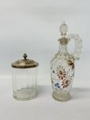 VINTAGE GLASS DECANTER AND STOPPER WITH HANDPAINTED FLORAL DECORATION,