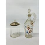 VINTAGE GLASS DECANTER AND STOPPER WITH HANDPAINTED FLORAL DECORATION,