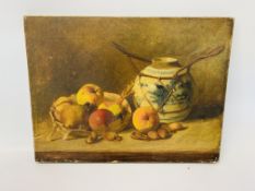 STILL LIFE STUDY OF FRUIT AND VASE INDISTINCT SIGNATURE OIL ON CANVAS (UNFRAMED) 33 X 44CM