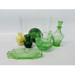 GREEN GLASS WITCHES BALL, PAIR OF CLEAR GLASS VASES,