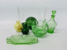 GREEN GLASS WITCHES BALL, PAIR OF CLEAR GLASS VASES,