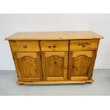 A SOLID HONEY PINE THREE DRAWER DRESSER BASE W 136CM, H 87CM,