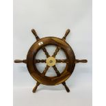 A HARDWOOD SHIPS WHEEL WITH SOLID BRASS BOSS DIAMETER 45CM